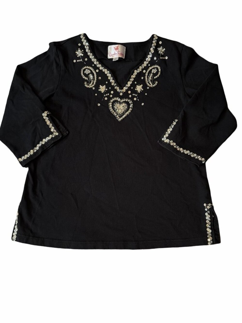 Quacker Factory Woman's Black Beaded Sequined Tunic Top Medium Cottagecore